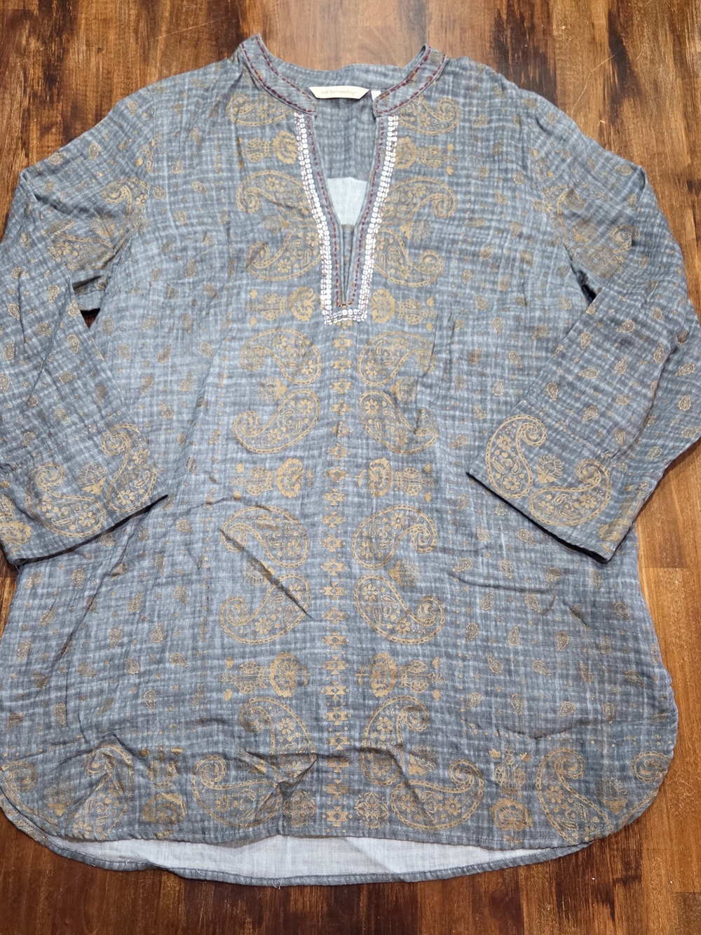 Soft Surroundings India Cotton Pattern Tunic Dress Gray Gold Print Indian Boho L